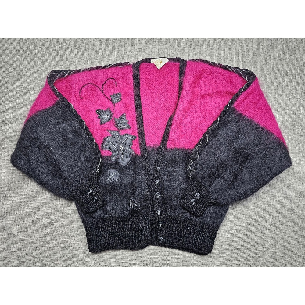 Crocodile Sweater Womens Large Pink Mohair Dolman Cardigan Floral Embroidered
